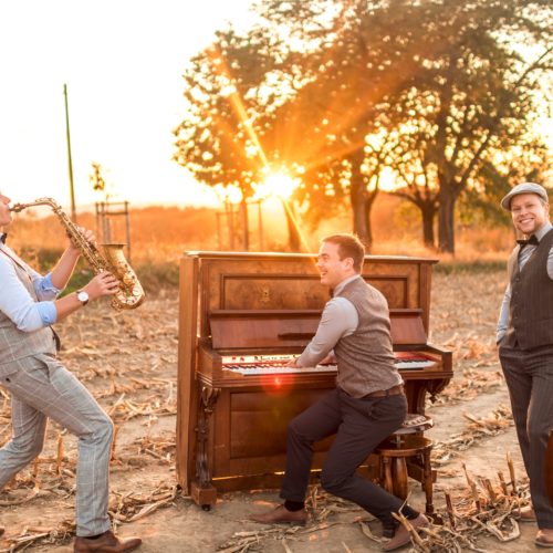 Das Dresdner Trio kaloabo spielt Swing- und Jazzmusik mit Saxophon Piano und Kontrabass auf einem Feld
